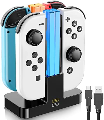 Switch Controller Charger Dock for Nintendo Switch Joycon, Joy con Charging Dock with Lamppost LED Indication, Switch Charging Station Stand for 4 Joy Cons, Joycon Charger with Type-C Cable