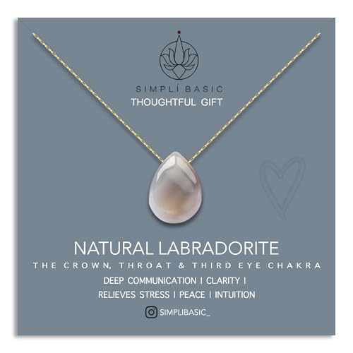 SIMPLÍ BASIC 18k Gold Plated Teardrop Labradorite Pendant Necklace/Gold Jewellery for Women/Natural Healing Stone Charm/Presented in Gift Box