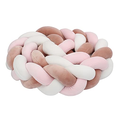 IIQI Tour de lit Tresse, 3 Brins 11-12cm Largeur Coussin tresse,Tours de Lit bébé fille tresse Protection Contre Les Lits Bébé, Coussins décoratifs (Brun Rosé Rose Blanc 14+69+94,1M)