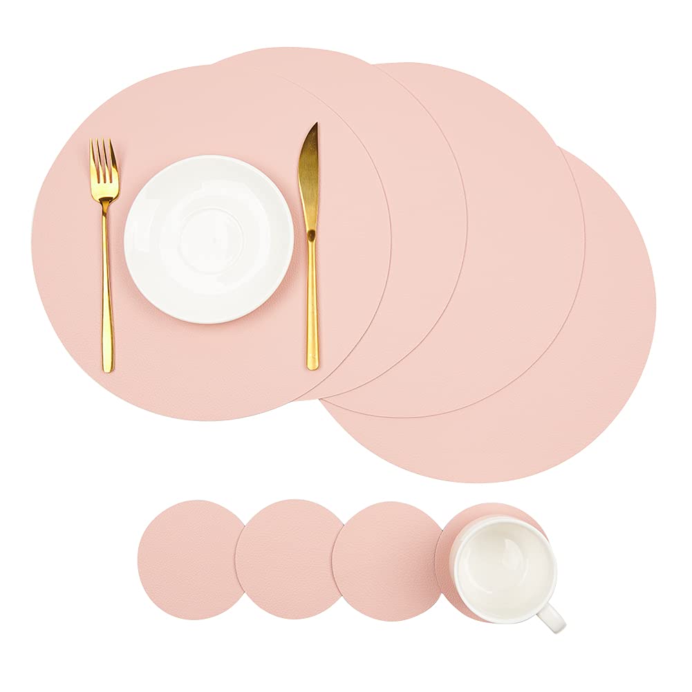 Placemats Faux Leather Round Table Mats Set of 4 with Coasters, Heat-Resistant Waterproof Non-Slip Washable Mats for Kitchen Dinning Table, PU Table Mats (Gray+Pink)