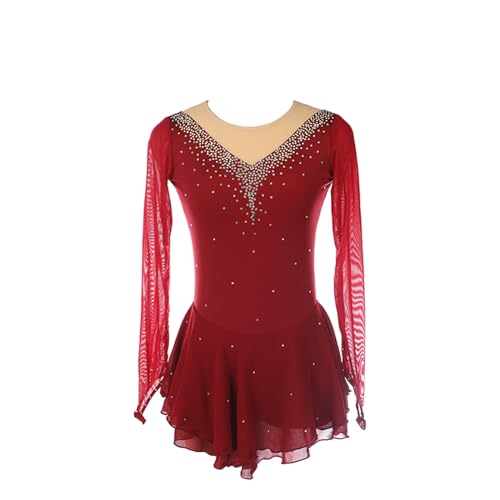 Vestido de patinação artística, mangas elegantes de malha com strass brilhantes, fantasia de competi