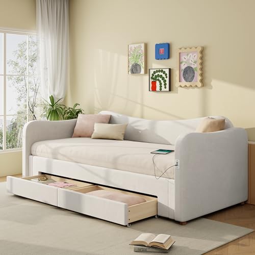 Arhatreya Cama tapizada de 90/180 x 200 cm, sofá cama con 2 cajones, sofá cama con cama nido, cama juvenil con puerto USB, para salón, dormitorio (sin colchón), beige terciopelo