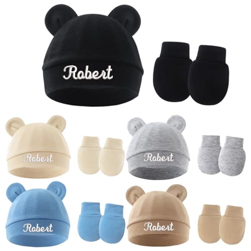 Custom Embroidery Baby Hats with Name,Personalized Baby Hats and Mittens,Infant Newborn Cotton Beanie Gloves No Scratch Set