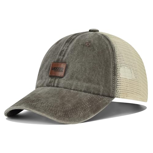 Image of Croogo Leather Patch Mesh Back Cap Washed Cotton Dad Hat | Breathable Material /Adjustable Design /Unstructured Hats /Vintage Wash /Exclusive Products