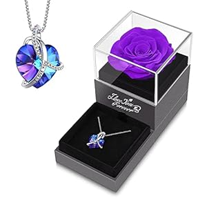 Preserved Real Purple Rose with Heart I Love You Necklace -Eternal Flowers Rose Gifts for Mom Wife Girlfriend on…