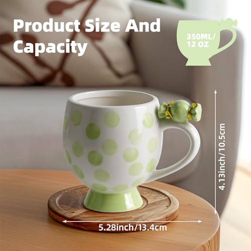 Image of DIF DECO Mugs Ceramic Handmade Candy Shape Cute Coffee Mug Unique Holiday Mug with Handle Hot Cocoa Cup Perfect for Tea & Coffee Lovers, Gifts for Family Friend or Children 12 OZ (Green Dots)