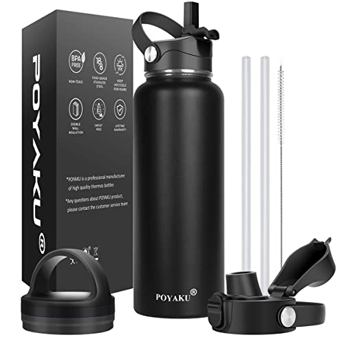 Water Bottle Insulated 32oz 40oz 64oz 128oz Straw Lid Spout Lid & 3 Lids, Leak Proof, Vacuum Insulated,Stainless Steel Water Bottle Wide Mouth for Sports, Gym or Office (Magic Black, 40 oz)