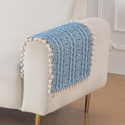 Image of HOKIPO Sofa Arm Cover with Tassel | 300 GSM Thick Cotton Acrylic Jacquard Armrest Mat, 50x70 cm, Pack of 2,'Trivana Series' Aqua Blue (IN-931-J7*2)