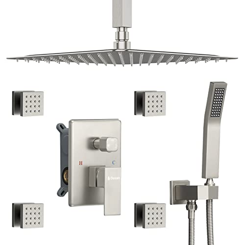 Brushed Nickel Shower System with 4 PCS Shower Body Spray Jets & 12’’ Ceiling Shower Head & Handheld Spray, DASAN Full Body Shower Faucet System with Jets Rainfall Shower Combo Set, SA-SS03BBN-S12C