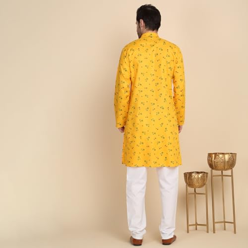 Image of KRAFT INDIA Men's Cotton Blend Geometric Printed Straight Long Regular Kurta and Elastic Waistband Pyjama Set