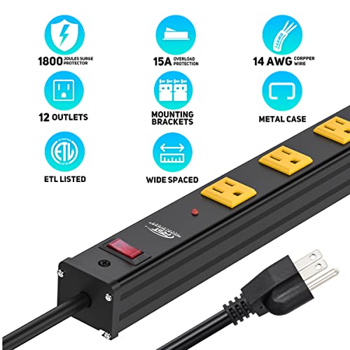 Crst Heavy Duty Surge Protector Power Strip Metal Power Bar With Wide Spaced 12-Outlet 1800 Joules Protection 15A Circuit Breaker Mounting Brackets 6Ft Extension Cord… #TOP1