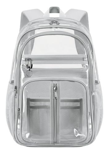 Image of Grey Big Clear Backpack Heavy Duty For Men Lady,18in XL TPU Bookbag 15Age+ | See Through Stitch durable plastic Multi-Pocket Design For School Adults work Warehouses Airport security,check events