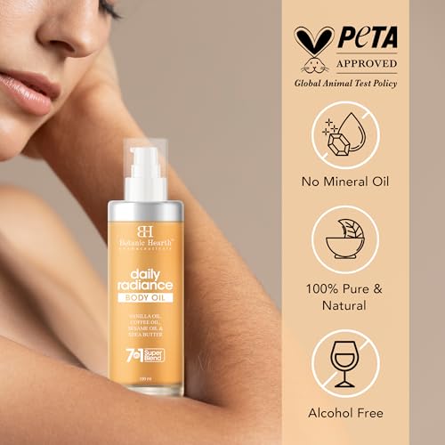 Image of Botanic Hearth Daily Radiance Body Oil for Glowing Skin with Vanilla, Coffee & Sesame Oil | Deep Moisturizing After Bath Body Massage Oil for Women & Men | 100ml