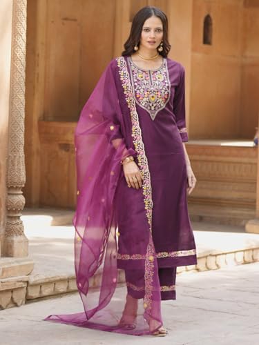 Image of VredeVogel Kurta Set with Dupatta | Viscose Rayon Embroidered Kurta Set for Women | Women's Ethnic Casual Kurti Set |Kurta Pant Festive Suit