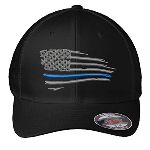 Thin Blue Line Hat | Waving American Flag FlexFit Hat with the Thin Blue Line | Back the Blue, Police flag Trucker Hat