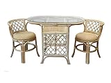 Dining Furniture Borneo Set of 2 Natural Rattan Chairs with Cream Cushion and Oval Table w/Glass, Cr