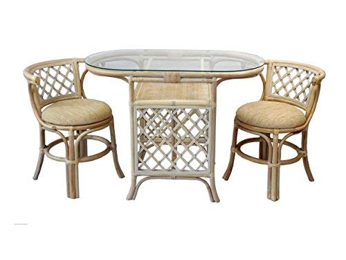 Dining Furniture Borneo Set Of 2 Natural Rattan Chairs With Cream Cushion And Oval Table W/Glass, Cream #TOP10