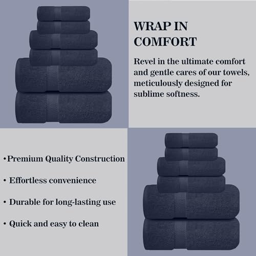 Image of Sulfar 100% Combed Cotton, 6 Pcs Towel Set - 2 Bath Towels (70 x 140 cm), 2 Hand Towels (40 x 70 cm) and 2 Washcloths (30 x 30 cm) (600 GSM, Pack of 6) Navy