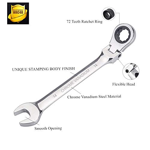 Image of FLZOSPER 14mm Metric Flex-Head Gear Wrench,Box End Head 72-Tooth Ratcheting Combination Wrench Spanner