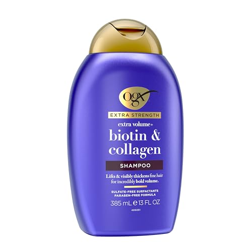 Image of OGX Thick & Full + Biotin & Collagen Extra Strength Volumizing Shampoo with Vitamin B7 & Hydrolyzed Wheat Protein for Fine Hair. Sulfate-Free Surfactants for Thicker, Fuller Hair, 13 fl oz