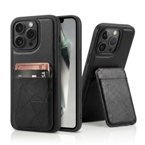 Image of amazon basics Premium Vegan Leather Back Cover with Card Holder and Integrated Mobile Stand for iPhone 15 Pro - Slim Shockproof Wallet Case with Geometric Stitching [Black]