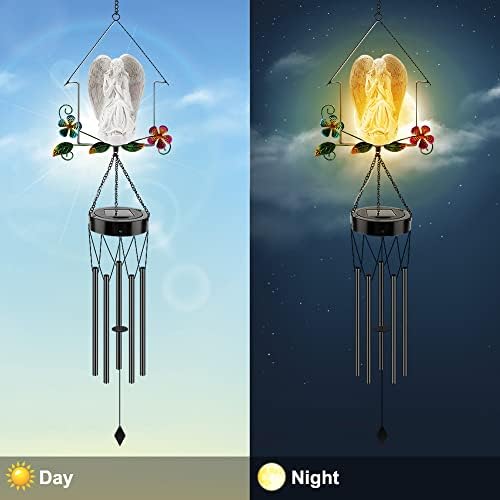 Aceshop Memorial Wind Chime 43'' Large Angel Wind Chimes Outdoor Angel Resin Deep Tone Wind Chimes with 5 Metal Tubes Waterproof Hanging Solar Wind Chimes for Patio Balcony Garden Yard Home Decoration