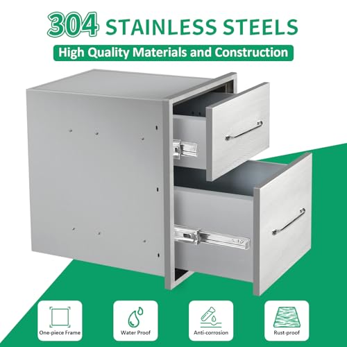 Image of Outdoor Kitchen Drawers 14 inch W x 21 inch H x 21 inch D Stainless Steel Double Drawers with Ergonomic Handle for BBQ Island, Patio Grill Station & Outdoor Kitchen Cabinets