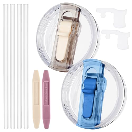 Image of 2 Pcs Spill Proof Tumbler Flip Straw Lid for Stanley Cup, 30oz Leak Proof Lid for Stanley H2.0 Quencher ProTour, with Removable Nozzle (Cream+Dark Blue)