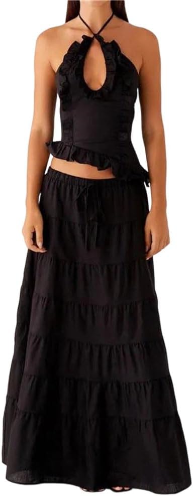 Women's Ruffle Skirt Sets Spaghetti Strap Top Maxi Skirt Set