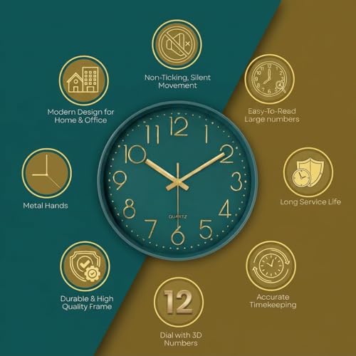 Image of STAR WORK Premium Wall Clock 10 inch Inch Silent Non-Ticking Quartz Movement | Easy to Read 3D Numbers | Modern Analog Clock for Home Decor, Living Room, Bedroom, Office (Green Gold, 10-Inch (25Cm)