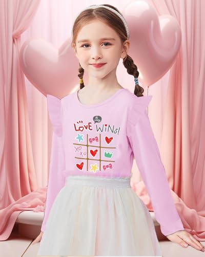 Tkria Valentine Girl Shirt Love Heart Bees Dinosaurs Kisses and Hugs Ruffle Long Sleeve Tee Top 1-7 Years2