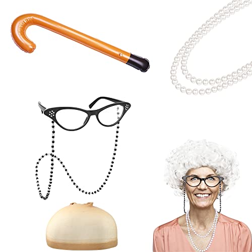 Finrezio 6 Piezas Peluca Abuela Gris Cosplay Accesorio Anciana Gorra Peluca Abuelita Bastón Gafas Abuelita Cadena Cordones Collar Cuentas Perlas Navidad Halloween Fiesta Escenario Cosplay