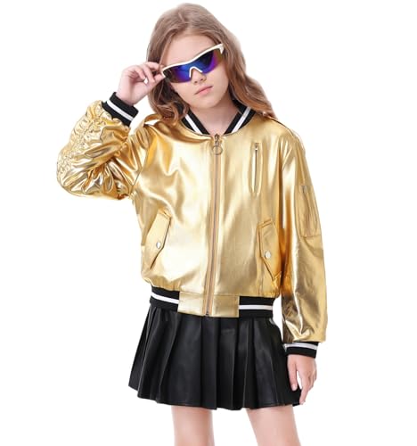 LOLANTA Kids Metallic Shiny Jacket Lightweight Zip Up Pockets Holographic Cropped Girls Bomber Jacket