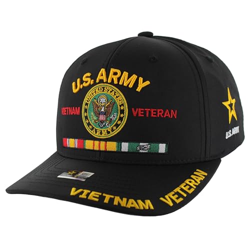 JM Warriors Vietnam Veteran Hat US Army Officially Licensed Army Veterans Embroidered Adjustable Military Baseball Cap for Men Tactical (US Alpha One Size Black)