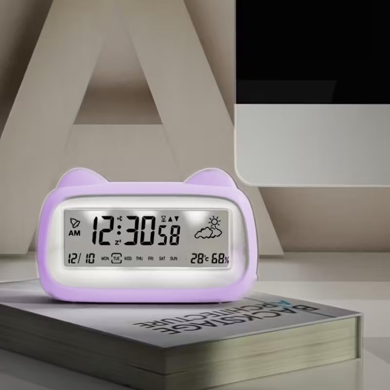 SBF Furniture Digital LCD Alarm Clock with Temperature & Humidity Display, Smart Snooze, Large Screen, Night Light, Battery Operated Table Clock for Bedroom, Office & Home (Cat2488 (Purple))-image-3