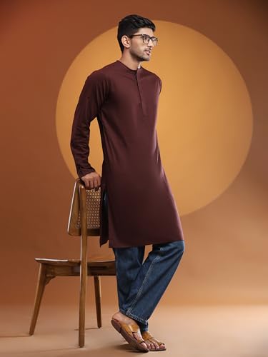 Image of Amazon Brand - Anarva Men's Cotton Solid Round Neck Kurta Long Sleeves Straight Knee Length Casual Shirt