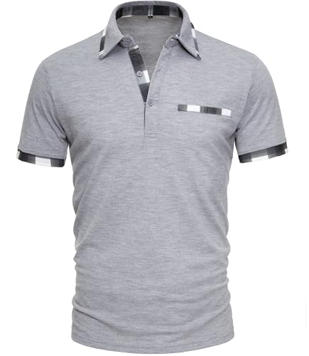 GLESTORE Polo Homme Manches Courtes Golf Polos Casual Regular Fit T-Shirt avec Poche Factice Gris...