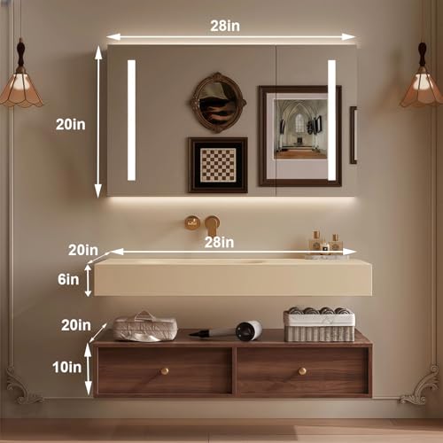 Modern Wall Mounted Floating Bathroom Vanity with Integrated Ceramic Sink, No Assembly Required, Hanging LED Intelligent Lighted Sensor and Demisting Mirror, Cabinet Spaces, 3 Soft Close Drawers