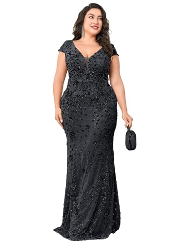 Plus Size Womens Sequined Long Evening Gown Glamous Sleeveless V-Neck Mermaid Prom Dress for Wedding Party