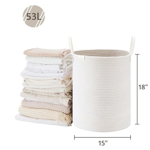 Image of VIPOSCO 53L Tall Woven Rope Laundry Hamper, Leather Handles, White | Large Wicker Laundry Basket for Dirty Clothes, Blanket, Toy, Towel, Yoga Mat, Storage Bin in Bedroom, Bathroom, Living Room