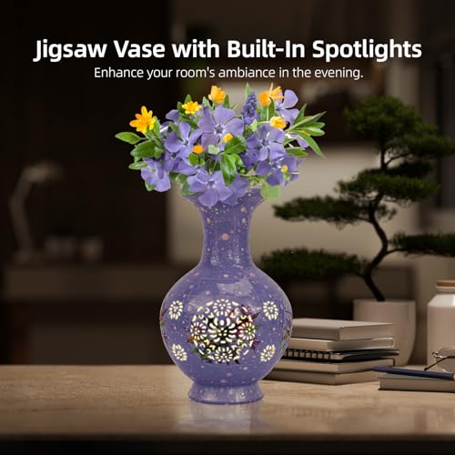 Image of LED 3D Puzzle Vase for Adults - Difficult Floral Puzzle Craft for Home or Office - Violet Songbird