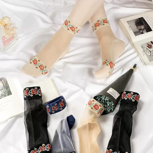 Image of DXYAKY 5 Pairs Sheer Floral Socks for Women, Lightweight Mesh Ankle Lace Socks, Breathable Summer Cute Transparent Stockings