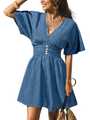 Image of CUPSHE Women Summer Dress Striped V Neck Smocked Waist Front Buttons Sun Dress Casual Vacation Beach Short Mini Dress