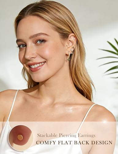 Gemtastic Gold Flat Back Stud Earrings Set Surgical Stainless Steel Dainty Cartilage Earring Pack for Women Men