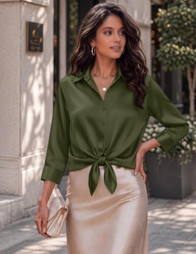 Image of Zeagoo Womens Satin Blouses Button Down Shirts 3 /4 Sleeve Dressy Tops S-2XL