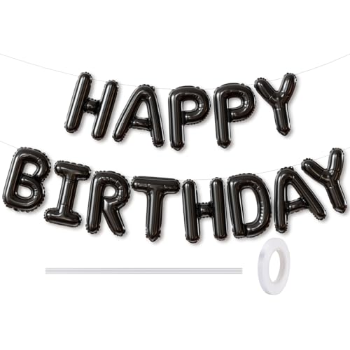 Adeyoo Black Happy Birthday Balloon Banner - 16 Inch Happy Birthday Foil Balloon Big Letter Balloons Self Inflating Hbd Sign Balloons for Women Men Pet Birth Graduation New Year Party Decorations