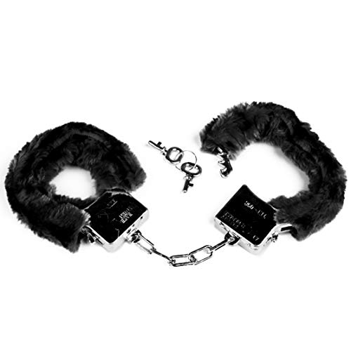 Makotex Handschellen Metall, mit Schlüssel | Handfesseln | Handschließen | Polizeikostüm | Sträfling | Karneval | Fasching | Motto Party | Halloween (Plüsch schwarz)