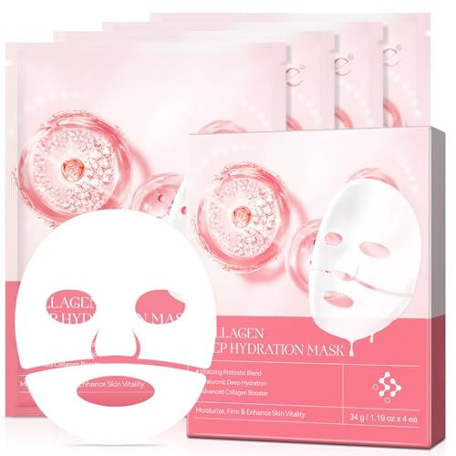 4 Stück Korean Collagen Mask, Kollagen Maske für Feuchtigkeit & Anti Aging, Tuchmasken Gesicht zur Pflege von feinen Linien, Falten & Minimiert Die Poren, Gesichtsmasken Set für Alle Hauttypen