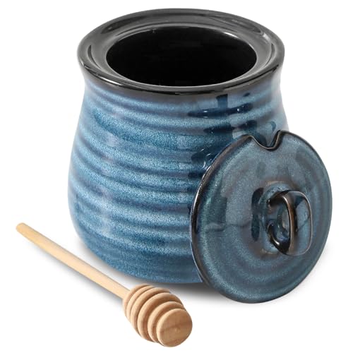 Tikooere Ceramic 12 Ounce Honey Jar and Dipper Set,Porcelain Honey Pot with Lid and Wooden Dipper,Cute Honey Containers for Party,Holiday,Halloween Favors,Farmhouse Kitchen Decor,Dishwasher Safe,Blue