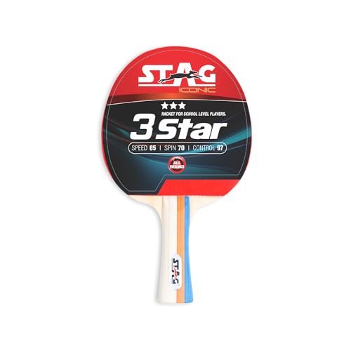 Image of 3 Star Table Tennis Racquet for Beginners & Intermediate Players | Balanced Speed, Spin & Control with Inverted Smooth Rubber | Flared Handle Shakehand (Red /Black)